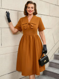Plus Size Turned-Down Collar Lace-Up Bow Decoration A-Line Dress