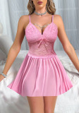 Erotic lingerie Sexy Pink Lace Strap V-neck Night Dress