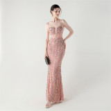 Women herringbone Lace-Up wrapped chest formal Formal Party sequined evening dress