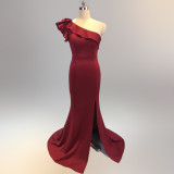 Women Summer Formal One Shoulder Shoulder High Slit Mermaid Evening Dress