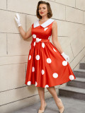 Plus Size Wedding Satin Turned-Down Collar Sleeveless Polka Dot Party A-Line Dress
