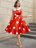 Plus Size Wedding Satin Turned-Down Collar Sleeveless Polka Dot Party A-Line Dress