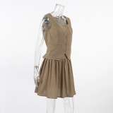Summer Fashion Cotton Khaki Women's Sleeveless Vest Top Short-Skirt Two-Piece Set