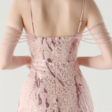 Women Backless Beaded Slit Party Evening Dress