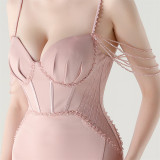 Women lace mesh herringbone Lace-Up beaded Formal Party evening dress