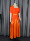 Square-Neck Contrast Patchwork Slim Long Party Evening Dress