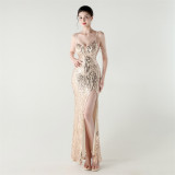 Women Backless Beaded Slit Party Evening Dress