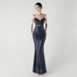 Women beaded cross Lace-Up v-neck fishtail Formal Party evening dress