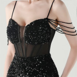 Women herringbone Lace-Up wrapped chest formal Formal Party sequined evening dress