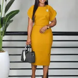 Plus Size African Round-Neck Short-Sleeve Chic Elegant Ol Bodycon Dress