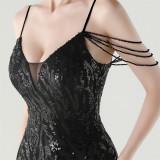Women Backless Beaded Slit Party Evening Dress