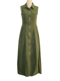 Women's Casual Fashion Solid Color Turndown-Collar Sleeveless Single-Breasted Maxi Dress