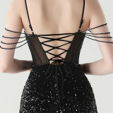 Women herringbone Lace-Up wrapped chest formal Formal Party sequined evening dress