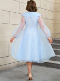 High-Waist Plus Size Women's Contrast Color Woven Striped Bubble Long-Sleeve A-Line Dress