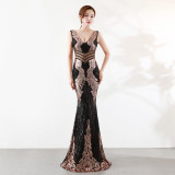 Sequin Slim Deep V Flower Women's Party Evening Dress