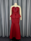 Strapless Beaded Fishtail Ruffled Slim Long Evening Dress