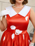 Plus Size Wedding Satin Turned-Down Collar Sleeveless Polka Dot Party A-Line Dress