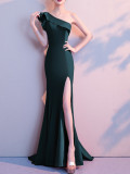 Women Summer Formal One Shoulder Shoulder High Slit Mermaid Evening Dress