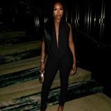 Fashion Halter-Neck Solid Color Low-Back Tight-Fitting Two-Piece Pants Set