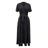 Women's Sexy V-Neck Short-Sleeve Slim-Waist Long Dress