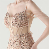 Women herringbone Lace-Up wrapped chest formal Formal Party sequined evening dress