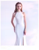Plain Solid Halter Slit Mermaid Evening Dress
