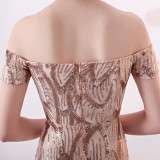 Off-Shoulder Slim Fit Sequin Fishtail Long Formal Party Evening Dress