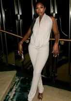 Fashion Halter-Neck Solid Color Low-Back Tight-Fitting Two-Piece Pants Set