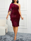 Sexy One-Shoulder Long-Sleeve Diamond-Decorated Pleated Open-Waist Elegant Party Evening Dress