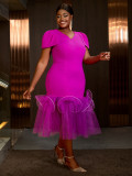 Fashion V-Neck Puff-Sleeve Mesh Patchwork Fashion Fishtail Party Dress