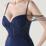 Women lace mesh herringbone Lace-Up beaded Formal Party evening dress