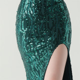 Women Backless Beaded Slit Party Evening Dress