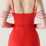 Women lace mesh herringbone Lace-Up beaded Formal Party evening dress