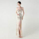 Women Backless Beaded Slit Party Evening Dress