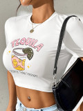 Women Summer Fruit Juice Cup Print Sexy Crop Short Sleeve T-shirt