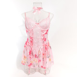 Women Lace Patchwork floral sexy cross Lace-Up body shaper Two Piece Set