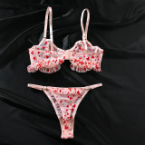 Women Sexy Lace See-Through Heart-shaped flocking Sexy Lingerie Two Piece Set