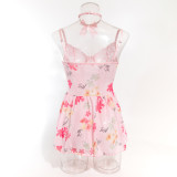 Women Lace Patchwork floral sexy cross Lace-Up body shaper Two Piece Set