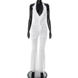 Women's Spring and Summer Deep V-Neck Halter-Neck Lace-Up Low-Back Gathered Bell-Bottom Jumpsuit