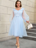 High-Waist Plus Size Women's Contrast Color Woven Striped Bubble Long-Sleeve A-Line Dress