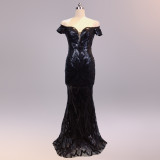 Off-Shoulder Slim Fit Sequin Fishtail Long Formal Party Evening Dress