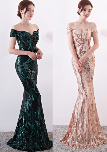 Off-Shoulder Slim Fit Sequin Fishtail Long Formal Party Evening Dress