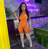 Women's Summer Solid Color Sexy Hollow Short-Sleeve Jumpsuit