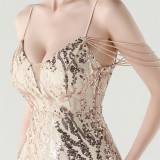 Women Backless Beaded Slit Party Evening Dress