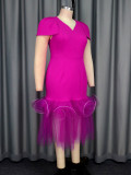 Fashion V-Neck Puff-Sleeve Mesh Patchwork Fashion Fishtail Party Dress