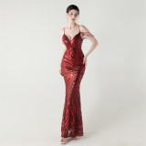Women off-shoulder beaded sling V Neck Formal Party evening dress