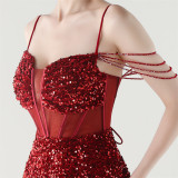 Women herringbone Lace-Up wrapped chest formal Formal Party sequined evening dress