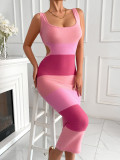 Spring Summer Multi-Color Striped Contrast Sleeveless Low-Back Lace-Up Slim Holidays Beach Knitting Dress