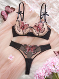 Women mesh butterfly embroidery with steel ring sexy See-Through Sexy Lingerie Set