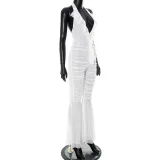 Women's Spring and Summer Deep V-Neck Halter-Neck Lace-Up Low-Back Gathered Bell-Bottom Jumpsuit